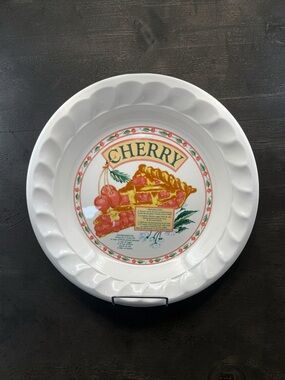 Vintage Ceramic Cherry Pie Plate Dish w/ Recipe Himark Golden Collection Korea